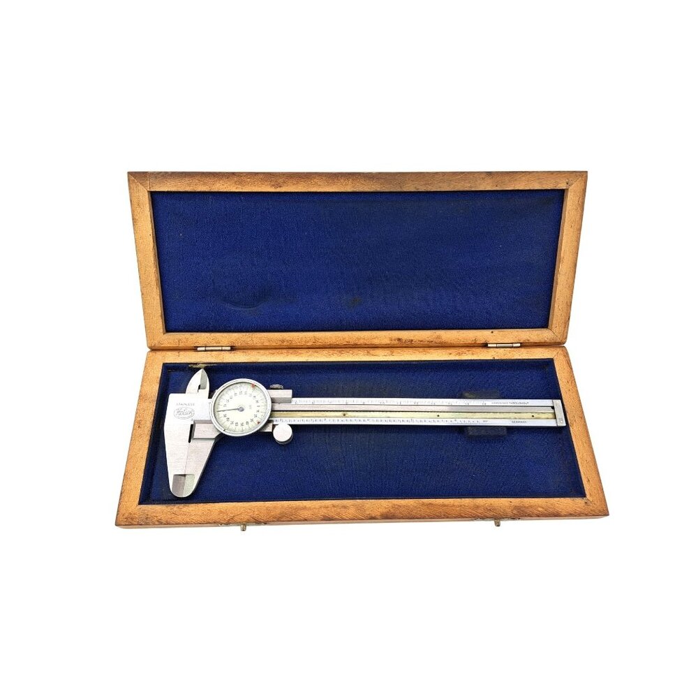 Vintage Helios Stainless Dial Caliper 6 inch Germany Wood Box Metric Standard